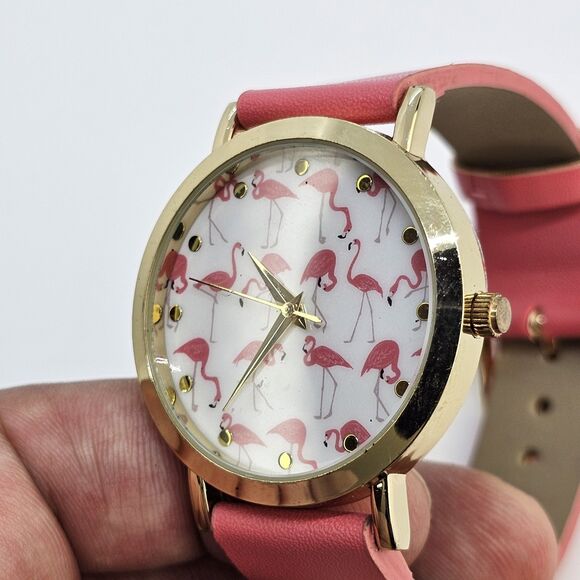 37MM Women's Watch Flamingo Dial Pink Faux Leather Bands New Battery - Picture 2 of 13